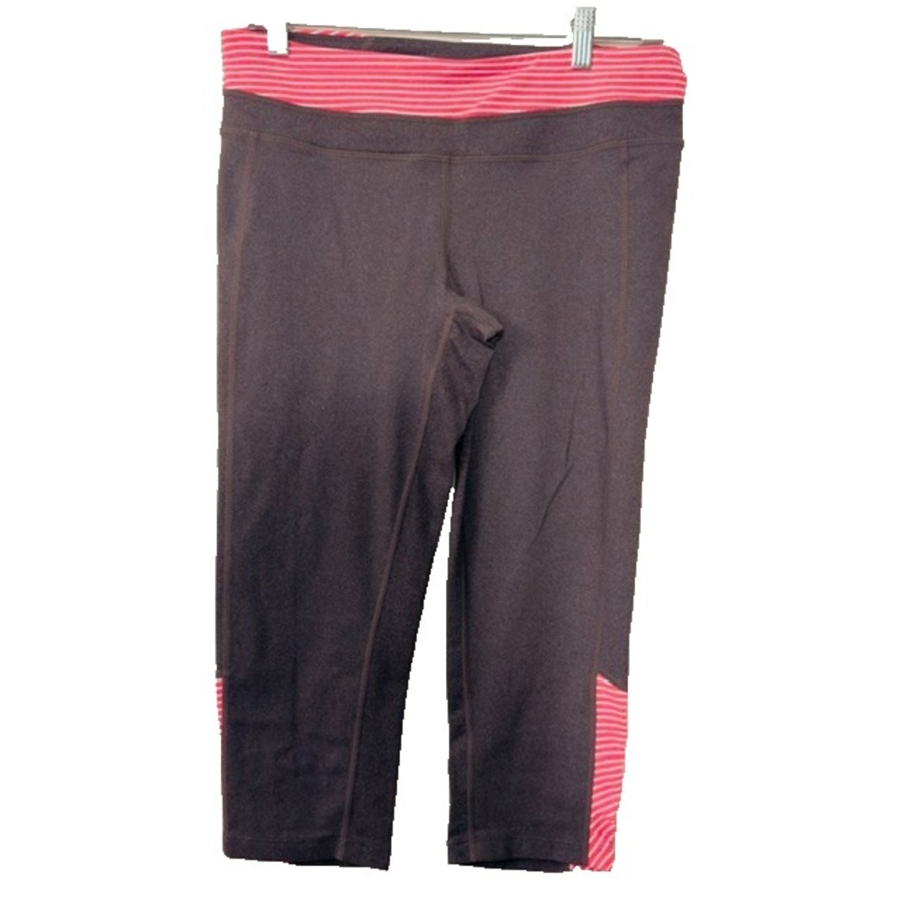 Athleta Womens Sz L Gray Coral Stripe Colorblock Capri Leggings Yoga Activewear